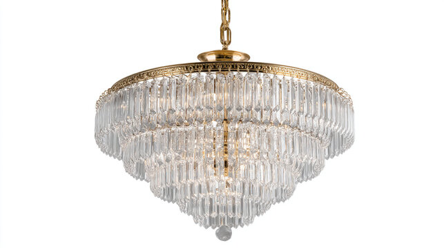 A luxurious tiered crystal chandelier with gold accents hanging against a white backdrop