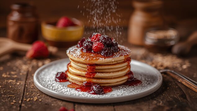 Pancakes Served with Sweet Sauce and Jam, a Rich Culinary Choice, Traditional Russian Cuisine