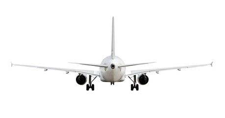 White airplane on land passenger jet aircraft Airbus A320 rear back view angle, isolated on a transparent background. Modern jetplane with two jet engines
