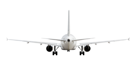 White airplane on land passenger jet aircraft Airbus A320 rear back view angle, isolated on a transparent background. Modern jetplane with two jet engines