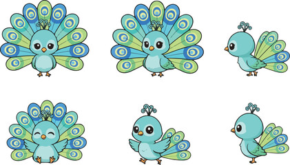 vector illustration of peacock funny cute cartoon mascot character cartoon with 6 poses 02