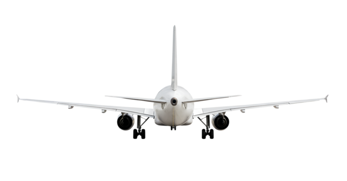 White airplane on land passenger jet aircraft Airbus A320 rear back view angle, isolated on a transparent background. Modern jetplane with two jet engines