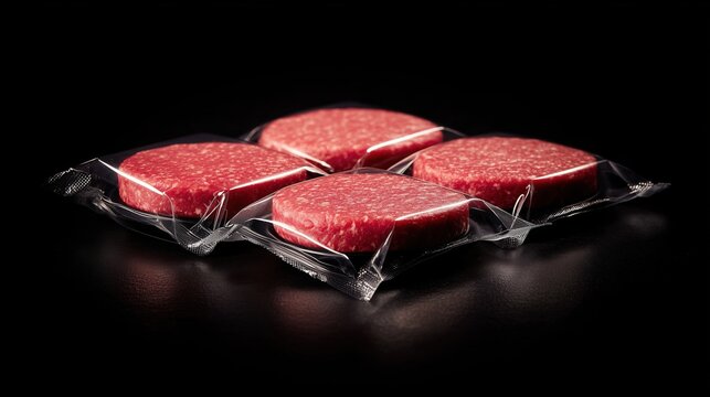Four red meat patties wrapped in clear plastic on a dark background. The patties are neatly arranged in a square formation.