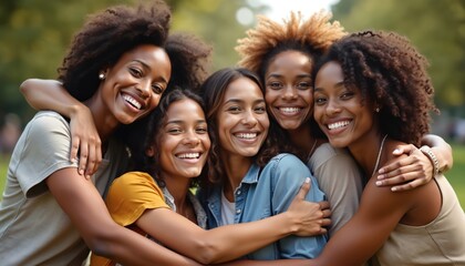 Five happy young adult Black women hug tightly outdoors. Smile broadly, celebrating strong female friendship, community. Diverse group bond represents support, unity, connection among friends in