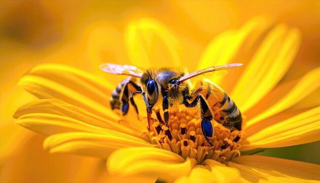 A detailed macro shot captures a honeybee with its proboscis extended, actively gathering nectar from the center of a vibrant yellow flower.