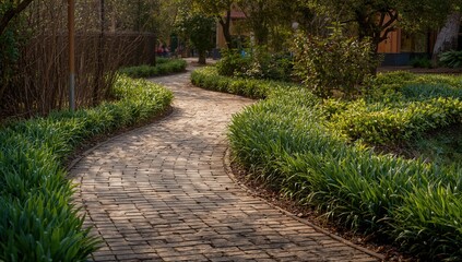 Stone pathway alongside lush green vegetation in a park, promoting nature accessibility