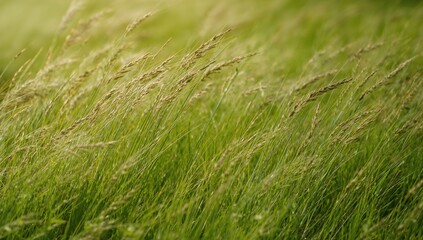 Horizontal image of vibrant green wild rye grass during summer, suitable for nature-themed layouts