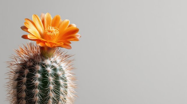 A close-up of a cactus with a vibrant orange flower on top. The cactus has spines and a green body, set against a neutral gray background. - Powered by Adobe