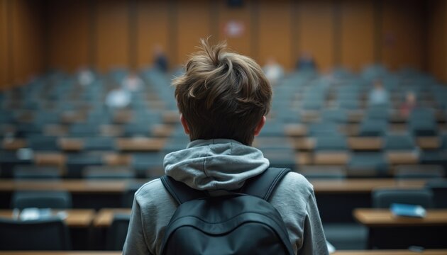 Young student sits alone in empty lecture hall with backpack. Feeling of isolation and sadness, mental health concern in college education. Overwhelmed youth in large classroom setting.