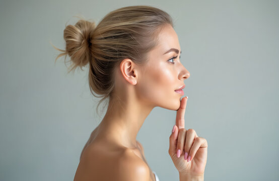 Young woman contemplates chin contour improvement. Profile view shows elegant facial lines and smooth skin. Beauty procedure concept for jawline and face shape.