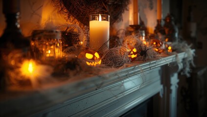 Halloween-themed decorations on a white fireplace, festive ambiance