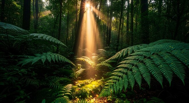 Sunbeams pierce through a lush, green forest canopy onto ferns