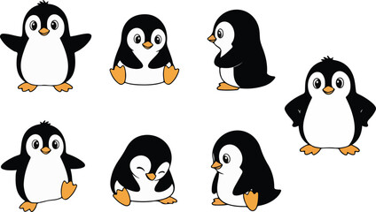 vector illustration of penguin funny cute cartoon mascot character cartoon with 7 poses