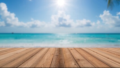Fototapeta premium Blurry cold sea in the background, wood floor on a tropical sandy beach, outdoor relaxation, seasonal change