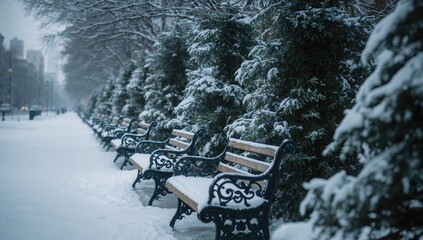 Snow-laden trees and benches in a park walkway, winter scene, seasonal change