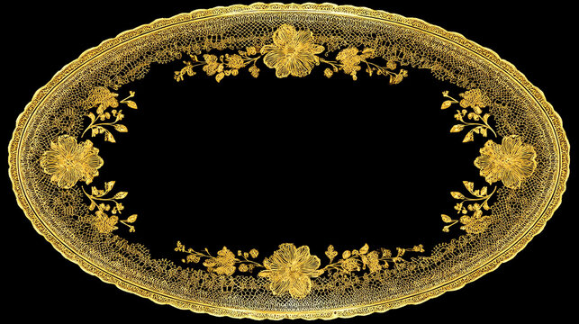 A golden floral lace oval frame with intricate details on a black background image art