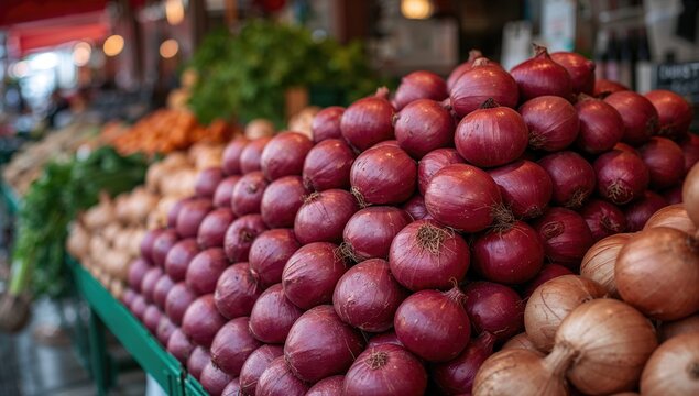 Piled red onions displayed at a market, fresh produce choice for healthy meals