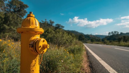 Close-up of a yellow fire hydrant positioned near a paved fire road, maintenance focus