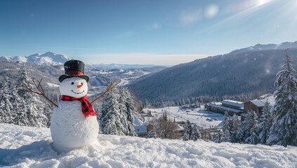 On a sunny day, a snowman stands at a ski resort, winter recreation