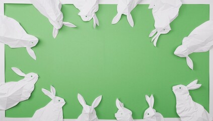 Top view of white paper Easter bunnies on green surface, seasonal theme