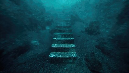 Stairs submerged in deep blue ocean water, abstract texture, erosion risk