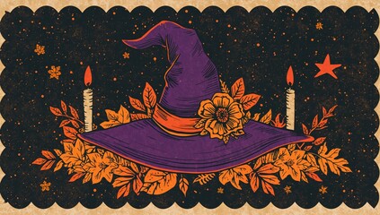 Retro 1970s hand-drawn Halloween design featuring witch hat, candles, and autumn leaves for promotional use, seasonal celebration