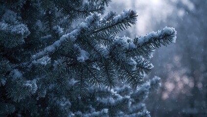 Snow-covered branches illuminated at twilight, showcasing the tranquil beauty of winter, seasonal change