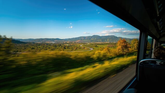 Scenic roadside landscape viewed from a bus, travel perspective, tourism focus