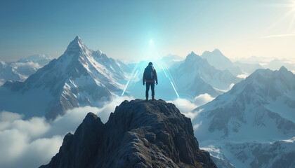 Hiker stands on mountain peak above clouds, looking at futuristic light triangle. Snowy peaks surround climber achieving goal. New tech adventure starts.