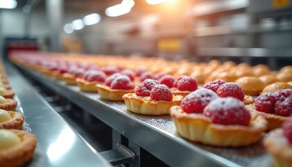 Conveyor belt moves many small tarts with raspberries and cream. Fresh baked goods ready for sale. Industrial bakery production line. Sweet snacks are prepared.