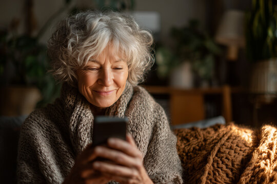 Cozy senior woman smiling while using her smartphone at home, wrapped in a chunky knitted blanket — warm indoor portrait of comfort and connection. - Powered by Adobe