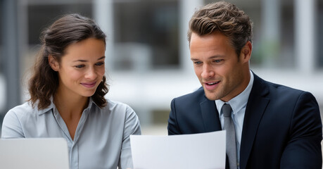 Friendly male advisor showing document to woman, pointing at details on paper, bright daylight office