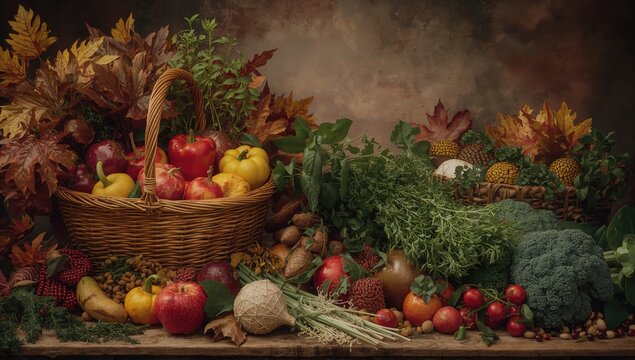 Cooking essentials with fresh vegetables, herbs, and fruits