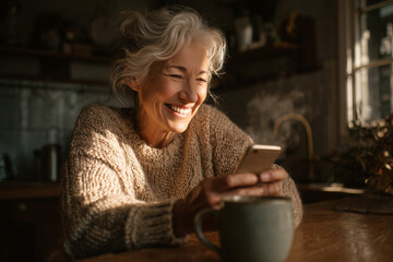 Warm morning moment: Smiling senior woman in a cozy sweater enjoys coffee and texts on her smartphone in a sunlit kitchen