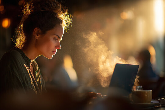 Young woman focused on a laptop in a sunlit café with steaming coffee — golden-hour portrait of remote work, concentration and cozy creativity