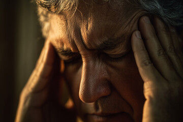 Close-up portrait of an older man pressing his temples in pain — a dramatic, intimate image conveying headache, stress and emotional fatigue in warm light