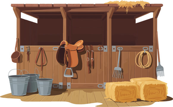 Horse stable interior with saddle and hay vector background