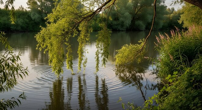 Serene Riverbank with Weeping Willow Branches and Wildflowers - Powered by Adobe