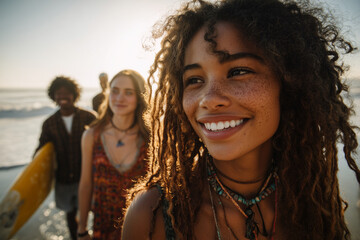 Smiling young woman with dreadlocks and freckles enjoying a sunlit beach with friends and surfboards - carefree summer lifestyle, joy, and adventure