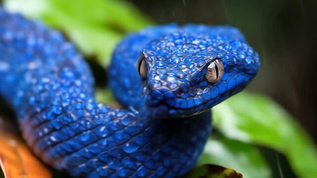 Cobalt blue viper with textured scales coils on greenery, close-up