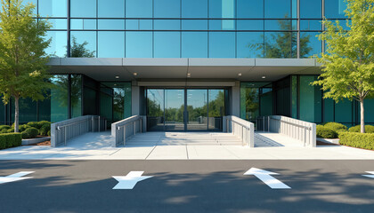 Modern hospital entrance with wide glass automatic doors and accessible ramps. Building features reflective blue glass facade and green trees. Smooth pavement entry leads to health care facility.