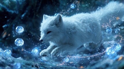 Obraz premium A white cat is walking through a field of bubbles