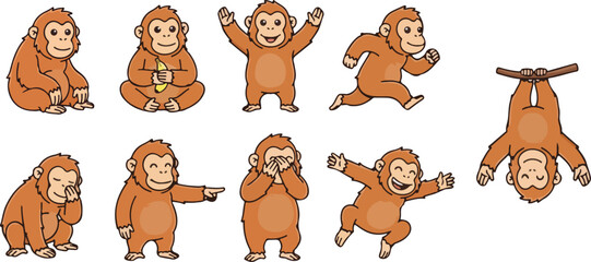 vector illustration of orangutans funny cute cartoon mascot character cartoon with 9 poses  © weng