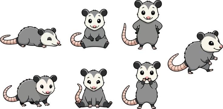 vector illustration of opossum funny cute cartoon mascot character cartoon with 7 poses 
