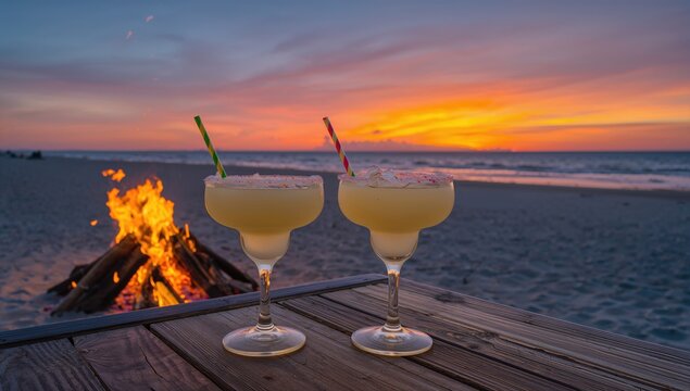 Two margarita glasses beside a bonfire, sunset beach ambiance, relaxation theme