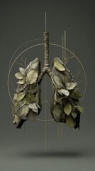 Stone lungs intertwined with decaying foliage and thin gold geometric lines against a muted grey backdrop