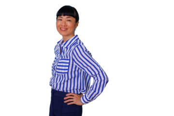 Confident businesswoman with curly hair holding a digital tablet, looking at camera with transparent background