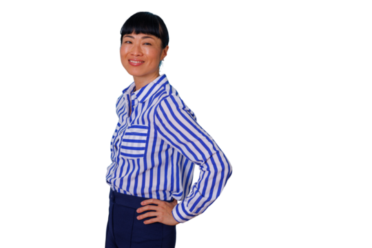Confident businesswoman with curly hair holding a digital tablet, looking at camera with transparent background