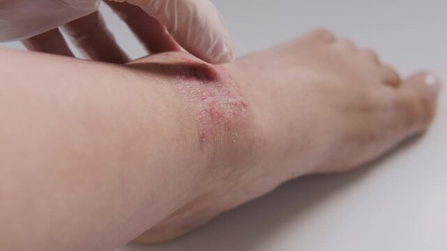 doctor, nurse in gloves examine wound on leg, close-up injured female limb with damaged reddened skin, scratches, trophic wound, chronic condition, dermatological disorder, skin problem, affected area