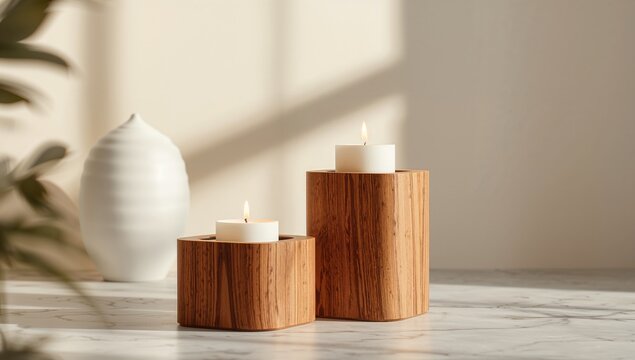 Modern wooden candle holders, functional decor for serene ambiance